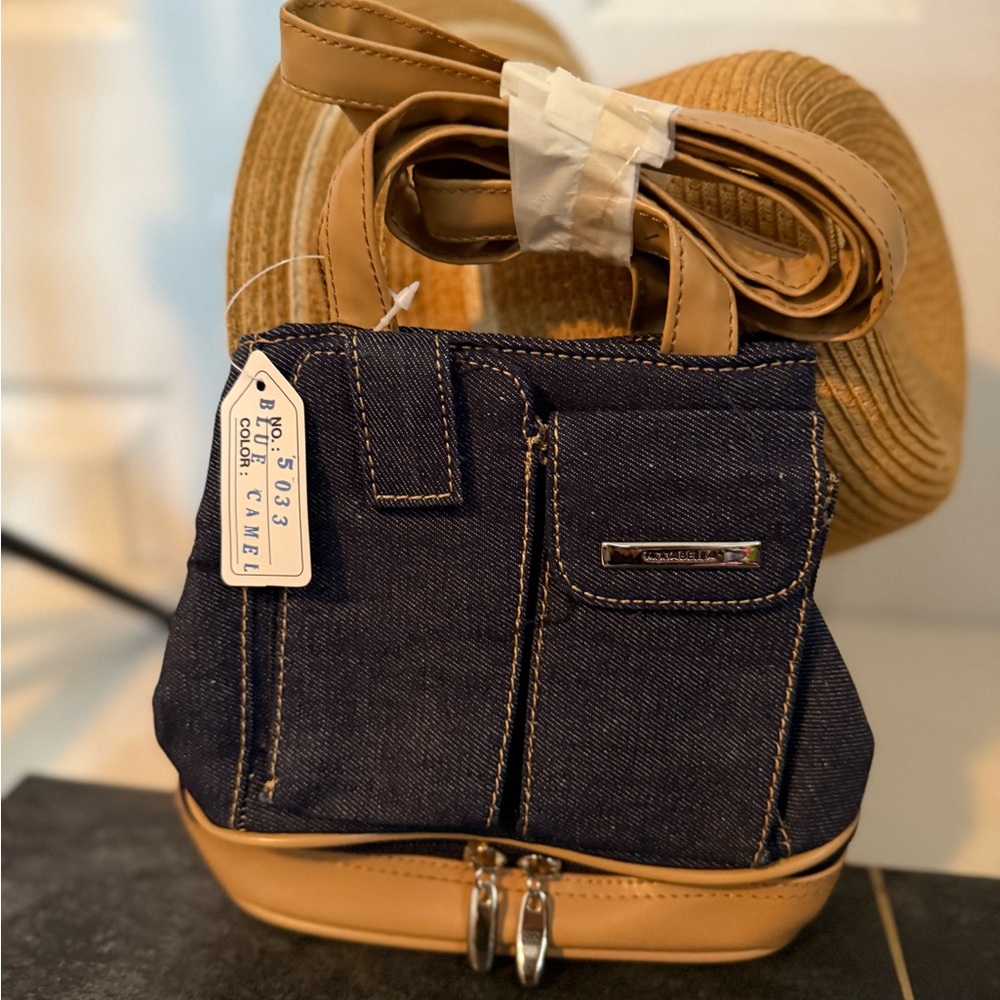 American Italy No. 5033 Tan Faux Leather & Denim Bucket Bag